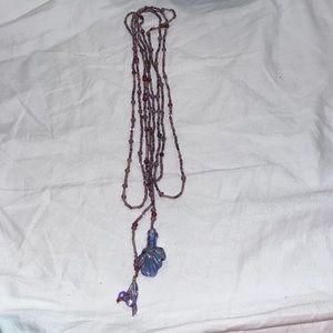 Purple hummingbird and flower glass bead wrap necklace